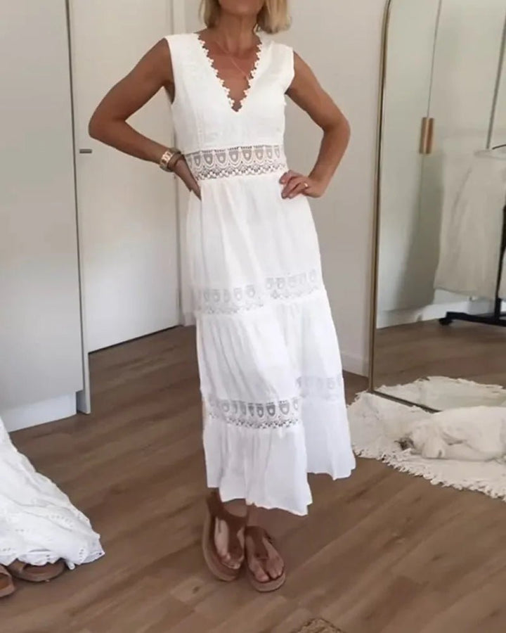 Lucy | Elegant White V-Neck Lace Tiered Midi Dress – view 4