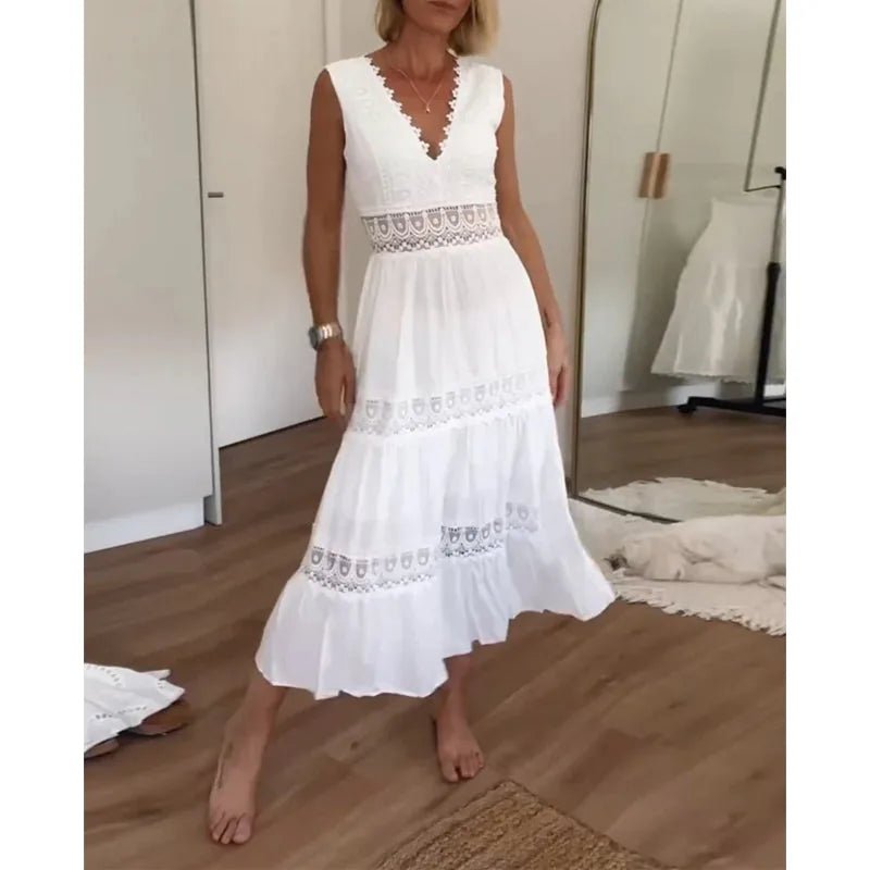 Lucy | Elegant White V-Neck Lace Tiered Midi Dress – view 7