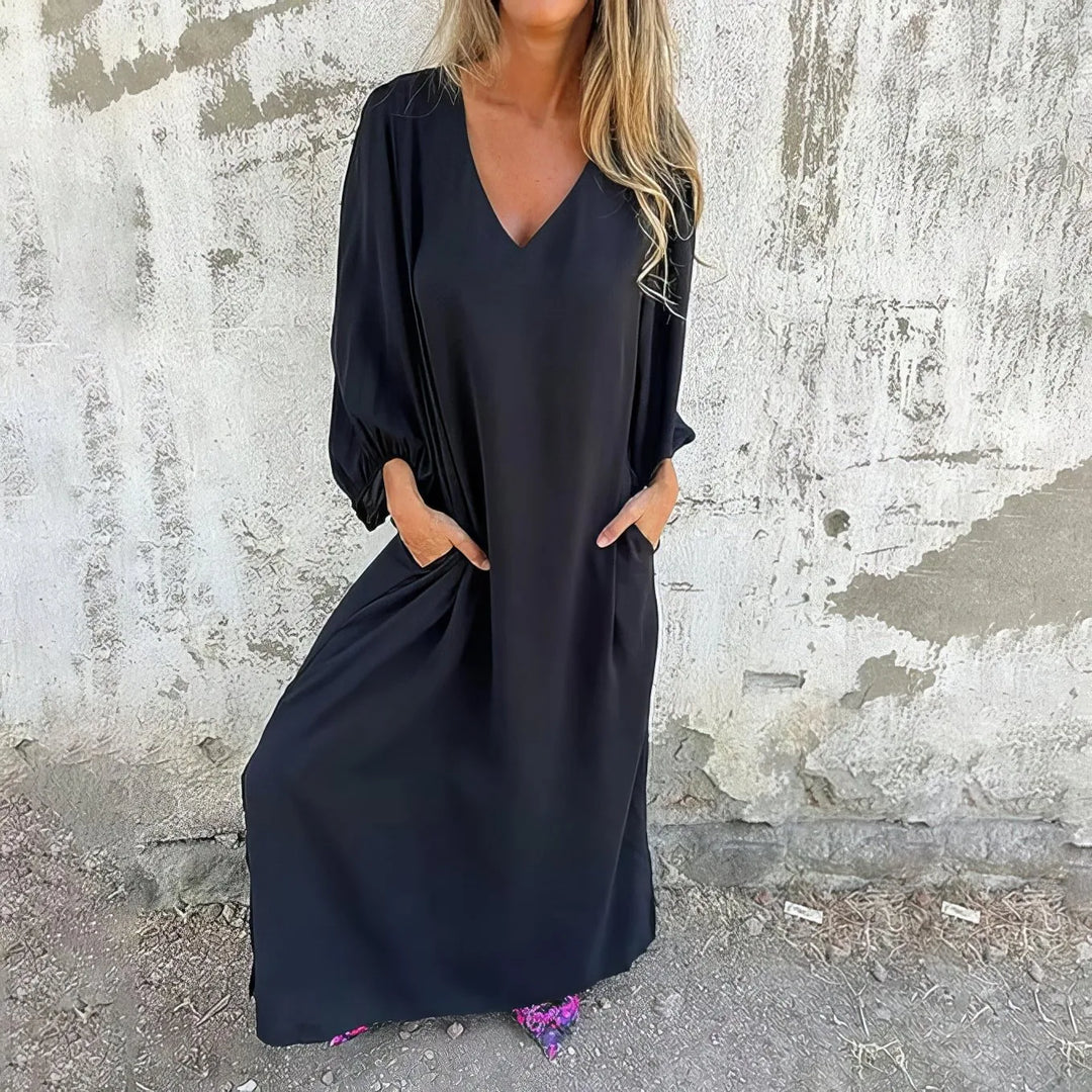Beatrice | Elegant V - Neck Long Sleeve Boho Dress - Emma's Dresses