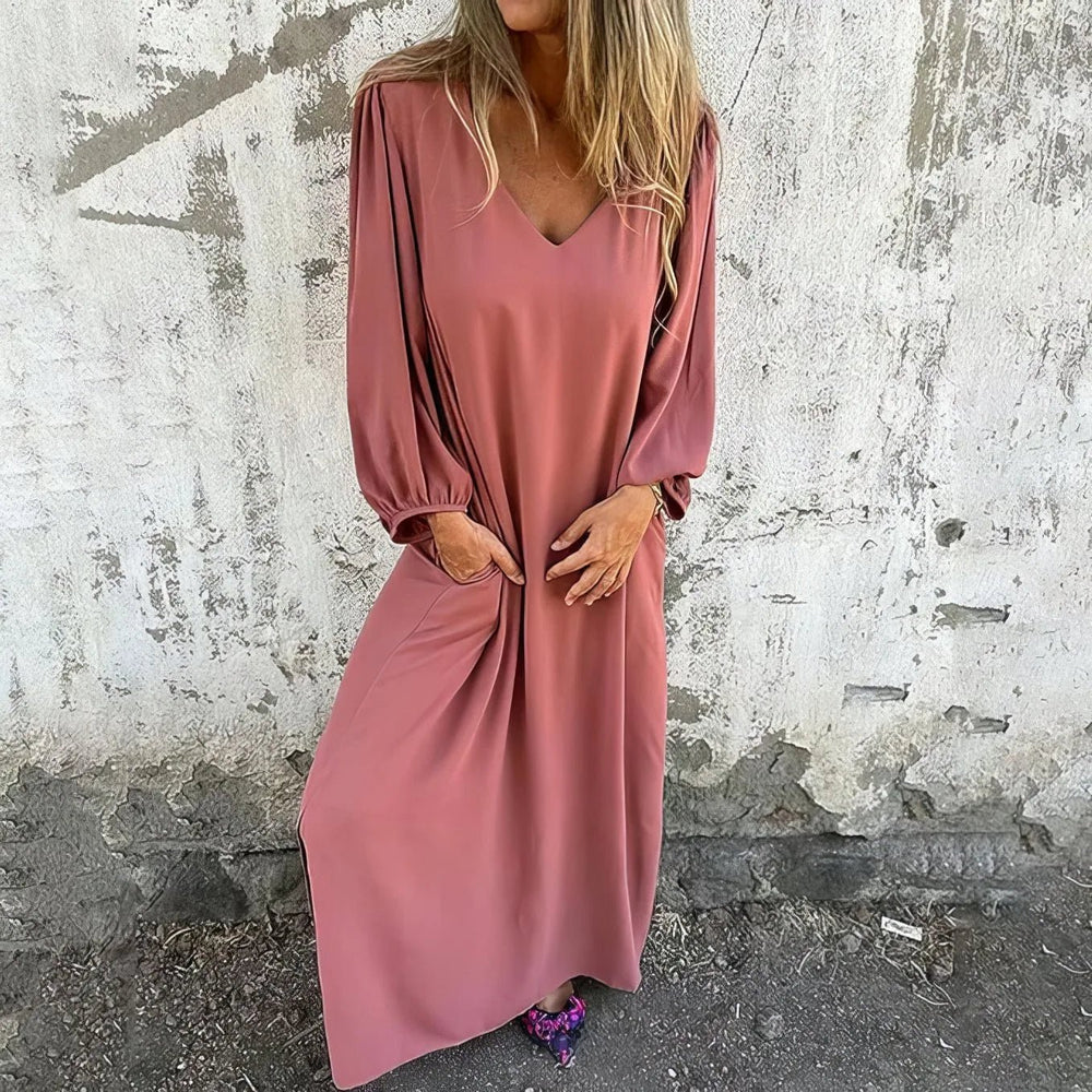 Beatrice | Elegant V - Neck Long Sleeve Boho Dress - Emma's Dresses