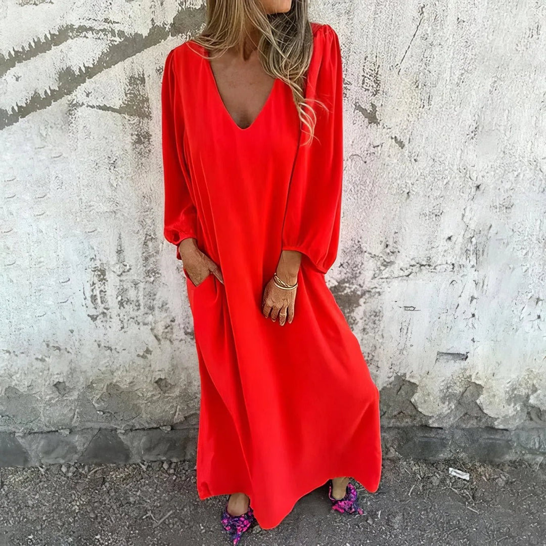 Beatrice | Elegant V - Neck Long Sleeve Boho Dress - Emma's Dresses