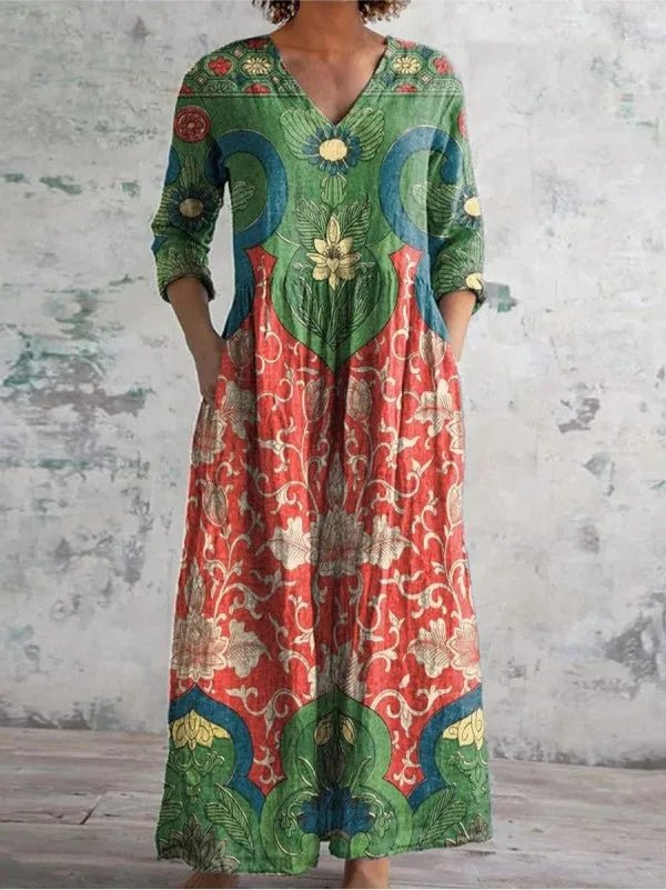 Camille | Elegant V-Neck Floral Dress with Long Sleeves – view 1