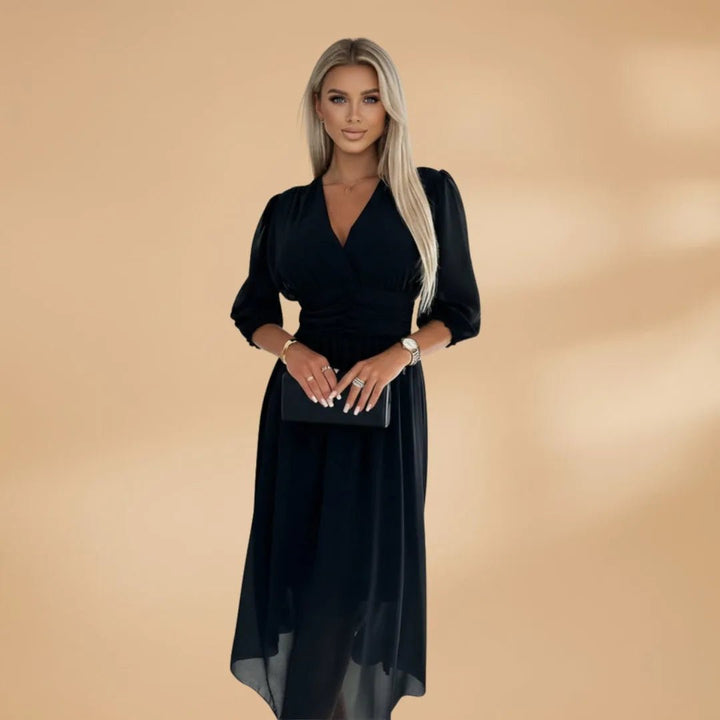 Amelia | Elegant V - Neck Long Sleeve Midi Dress - Emma's Dresses