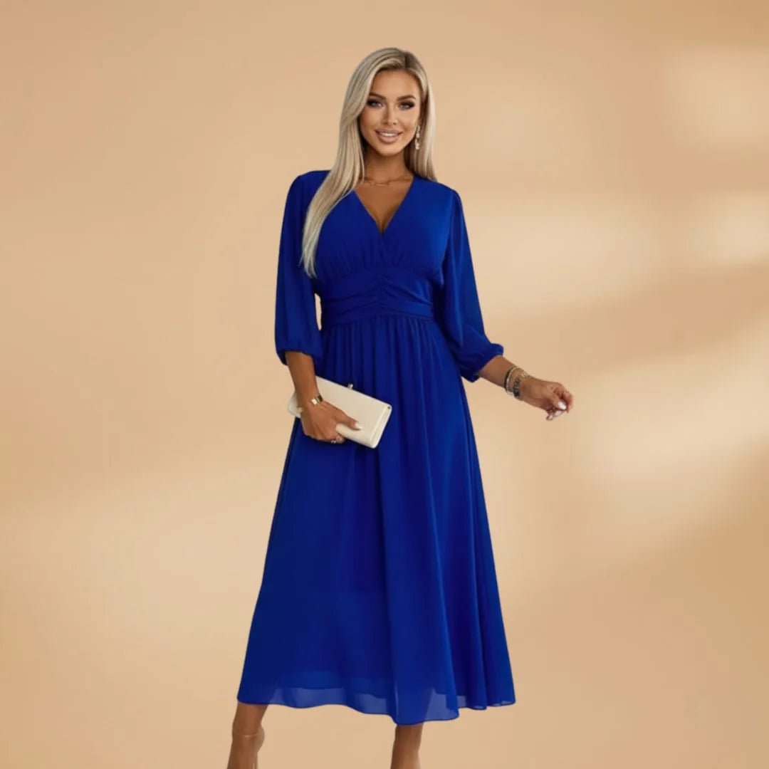 Amelia | Elegant V - Neck Long Sleeve Midi Dress - Emma's Dresses