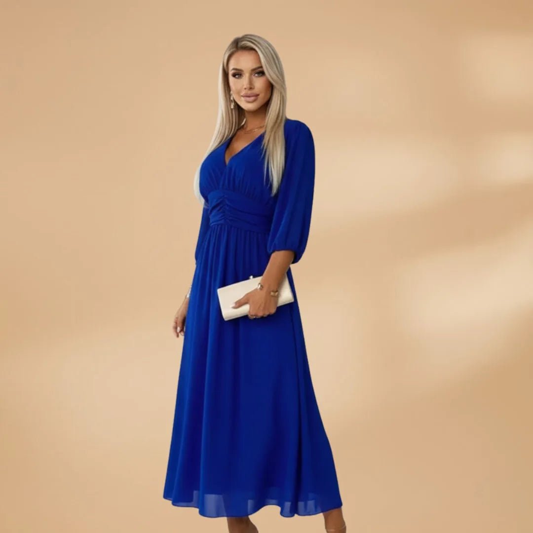 Amelia | Elegant V - Neck Long Sleeve Midi Dress - Emma's Dresses