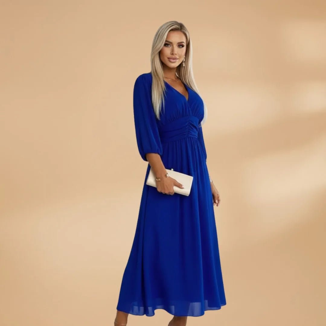 Amelia | Elegant V - Neck Long Sleeve Midi Dress - Emma's Dresses