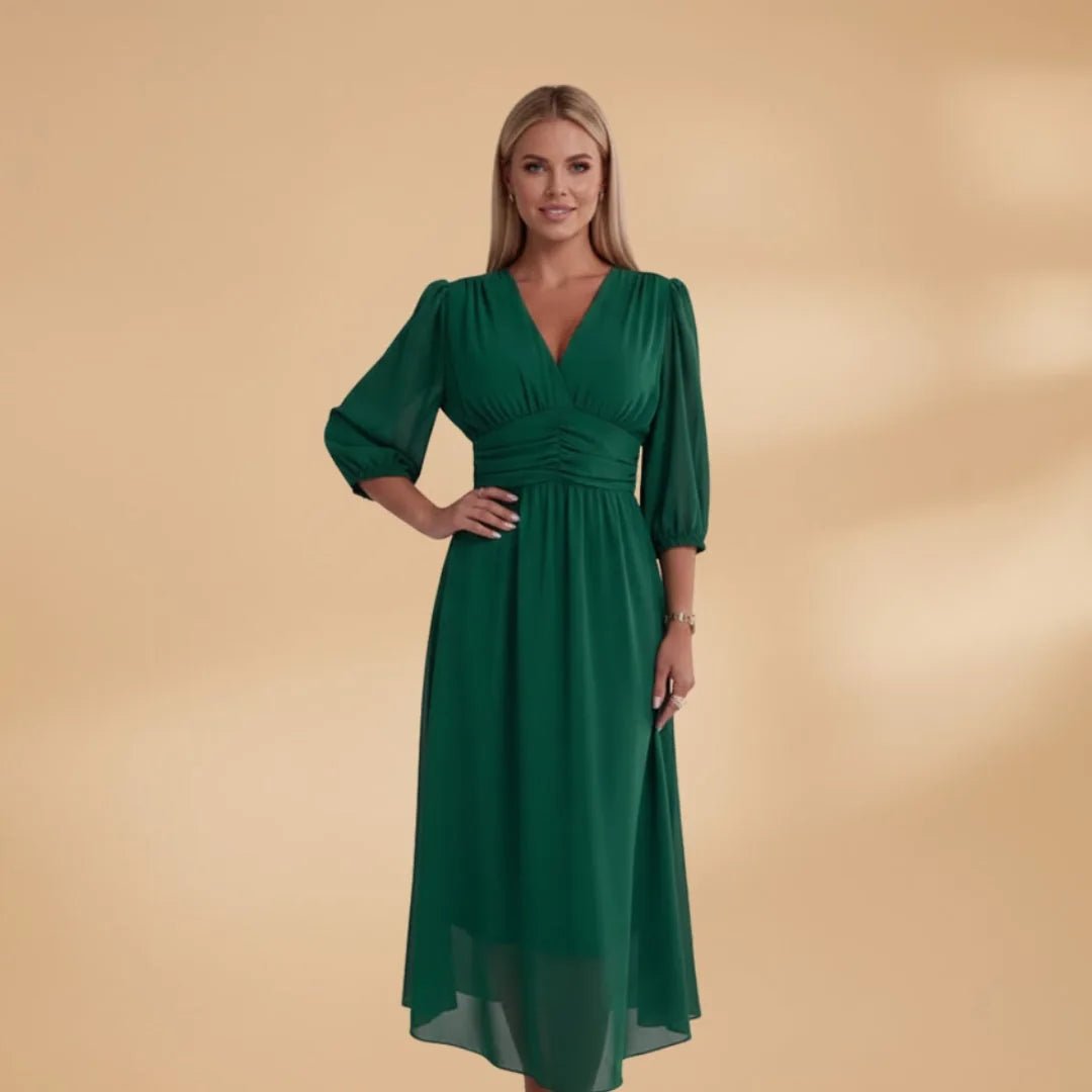 Amelia | Elegant V - Neck Long Sleeve Midi Dress - Emma's Dresses