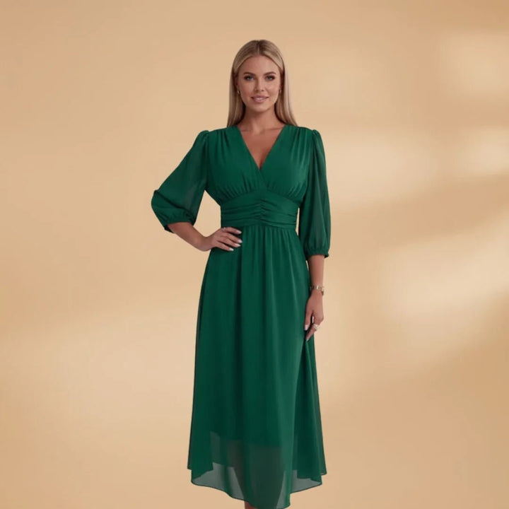Amelia | Elegant V - Neck Long Sleeve Midi Dress - Emma's Dresses