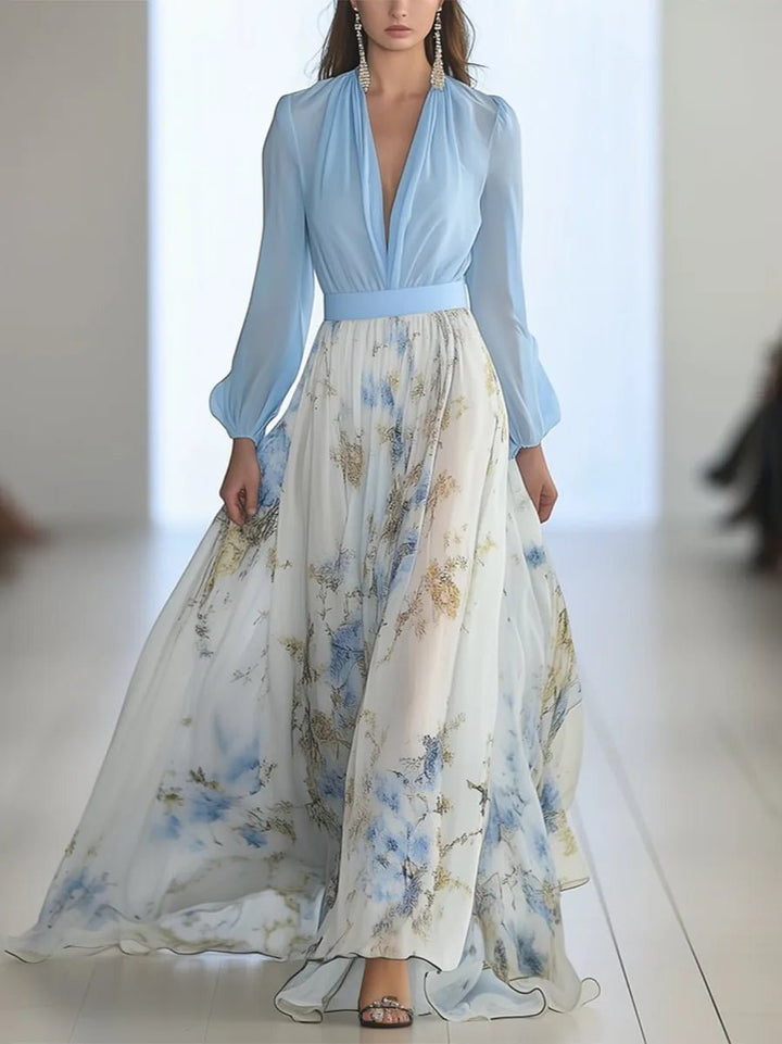 Margot | Elegant Blue Floral V - Neck Maxi Dress With Long Sleeves - Emma's Dresses