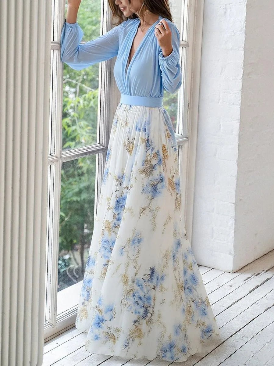 Margot | Elegant Blue Floral V - Neck Maxi Dress With Long Sleeves - Emma's Dresses