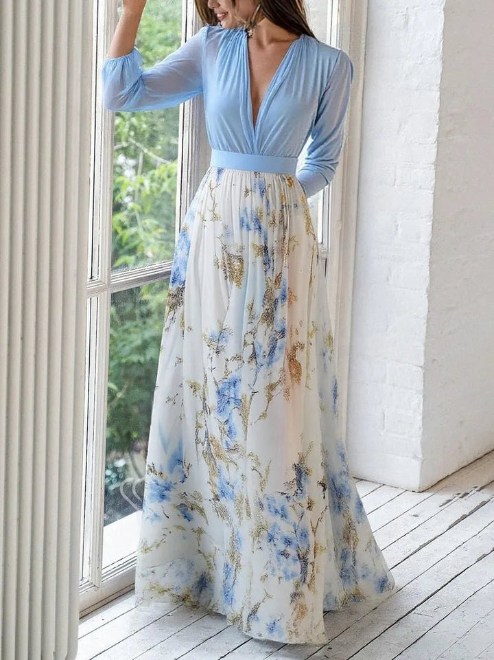 Margot | Elegant Blue Floral V - Neck Maxi Dress With Long Sleeves - Emma's Dresses