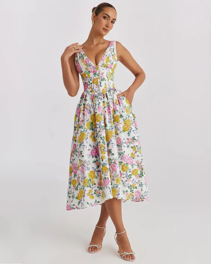 Grace | Floral V-Neck Midi Dress With Fit And Flare – view 1