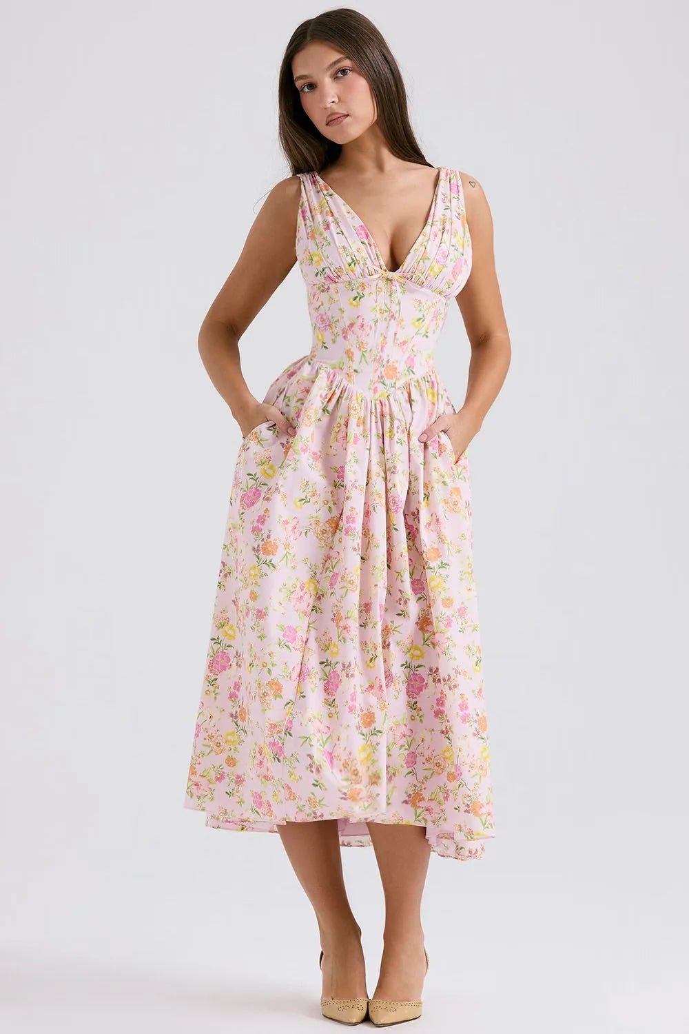 Grace | Floral V-Neck Midi Dress With Fit And Flare – view 2