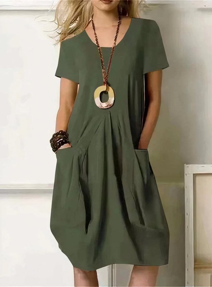 Elena | Effortless V - Neck Midi Dress With Pockets - Emma's Dresses