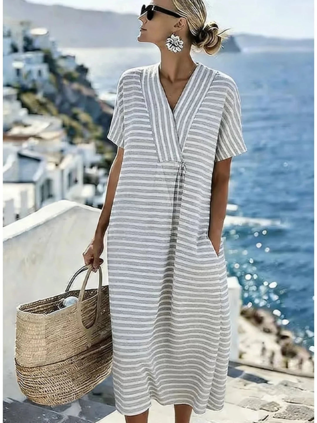 Nadia | Stylish V - Neck Yellow Striped Dress with Short Sleeves - Emma's Dresses