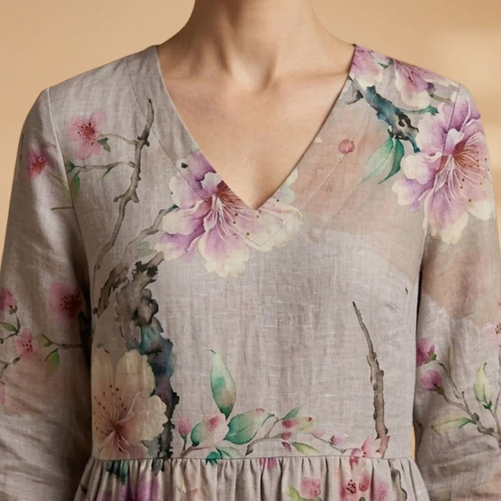 Juliet | Elegant Summer Dress with V - Neck and Floral Print - Emma's Dresses