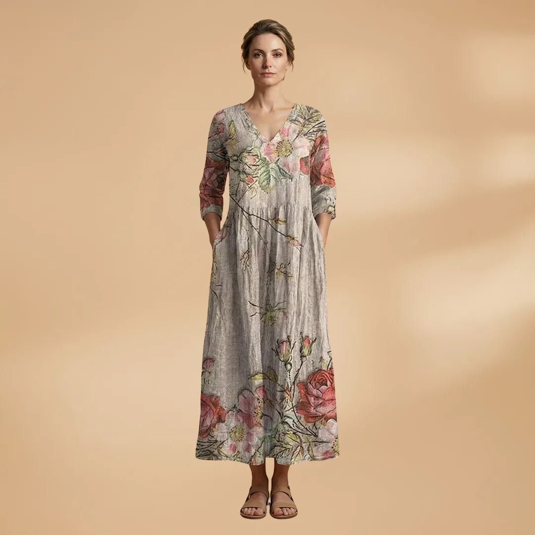 Juliet | Elegant Summer Dress with V - Neck and Floral Print - Emma's Dresses