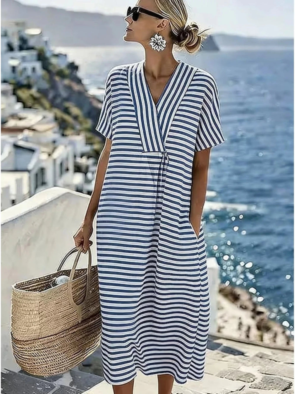 Nadia | Stylish V - Neck Yellow Striped Dress with Short Sleeves - Emma's Dresses