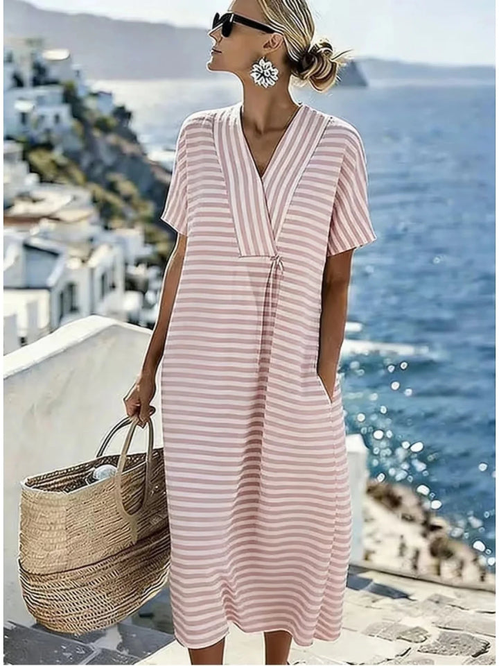 Nadia | Stylish V - Neck Yellow Striped Dress with Short Sleeves - Emma's Dresses