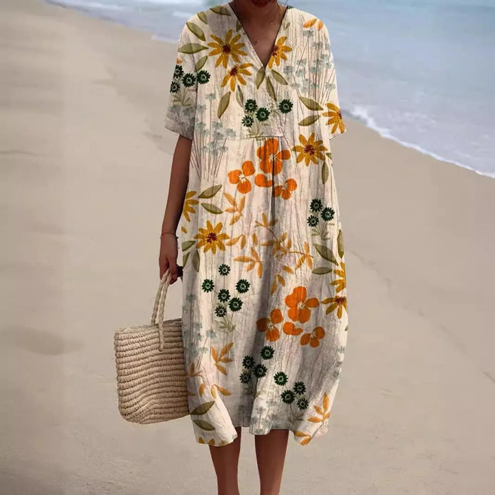 Nina | Stylish Floral V-Neck Midi Dress with Short Sleeves – view 1