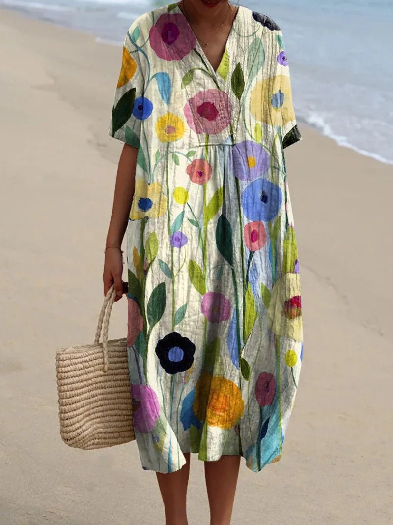 Nina | Stylish Floral V-Neck Midi Dress with Short Sleeves – view 5