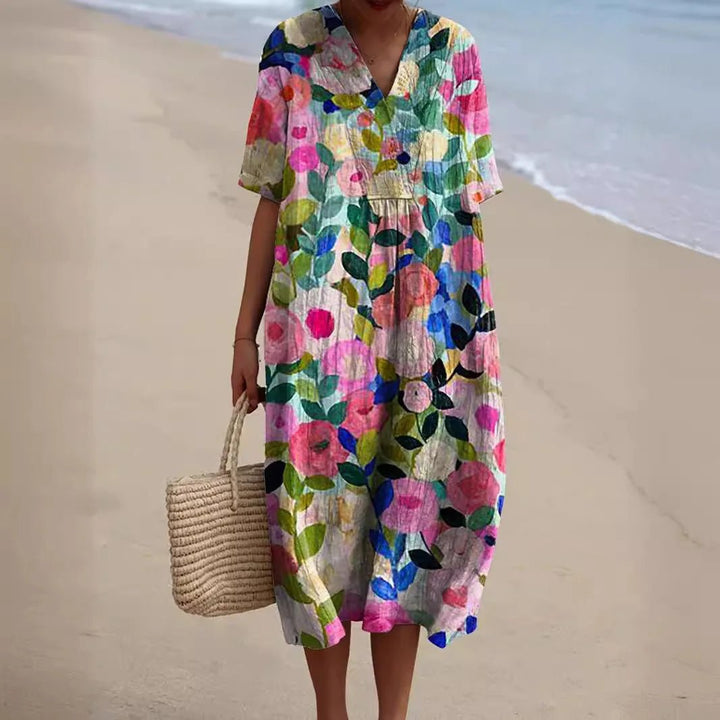 Nina | Stylish Floral V-Neck Midi Dress with Short Sleeves – view 2