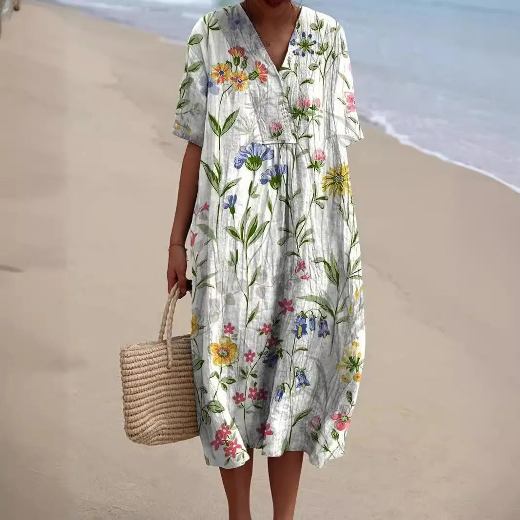 Nina | Stylish Floral V-Neck Midi Dress with Short Sleeves – view 3