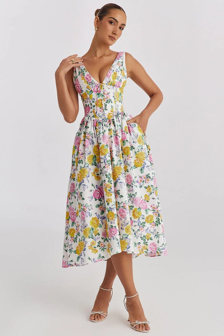 Sophia | Elegant V - Neck Floral Midi Dress - Emma's Dresses