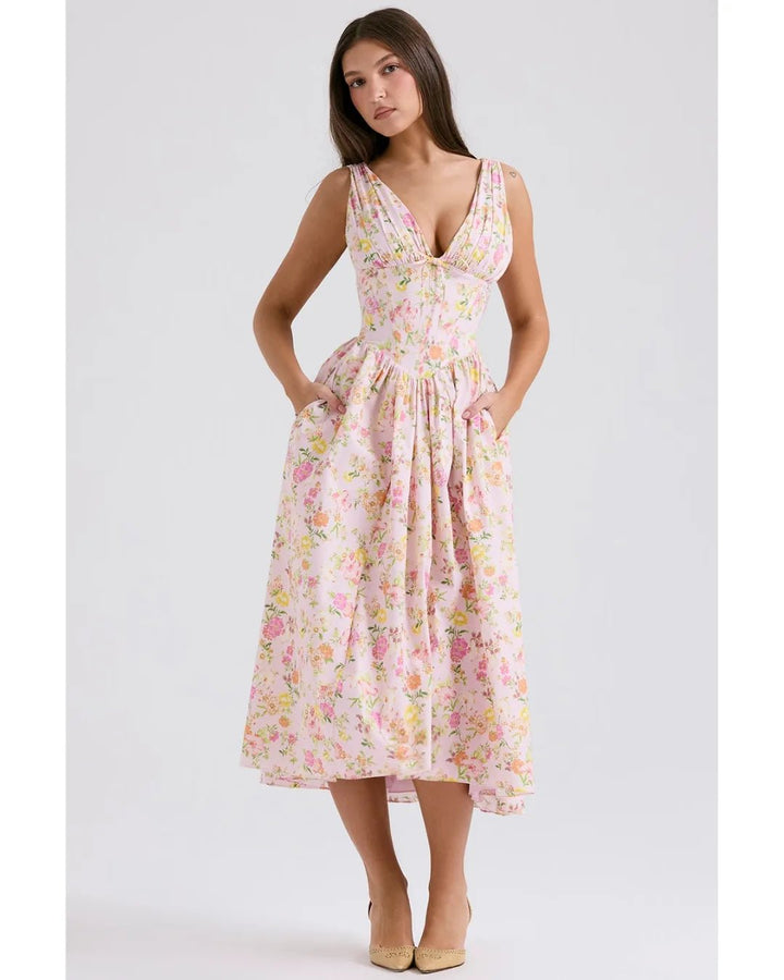 Sophia | Elegant V - Neck Floral Midi Dress - Emma's Dresses