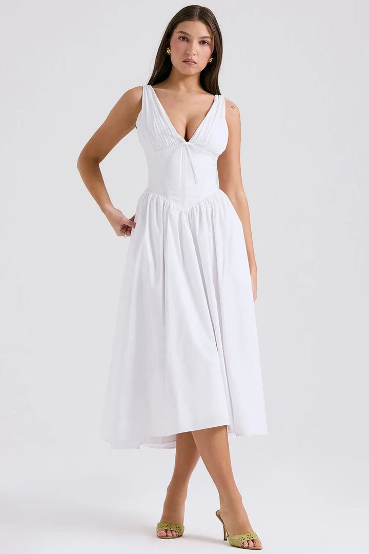 Sophia | Elegant V - Neck Floral Midi Dress - Emma's Dresses