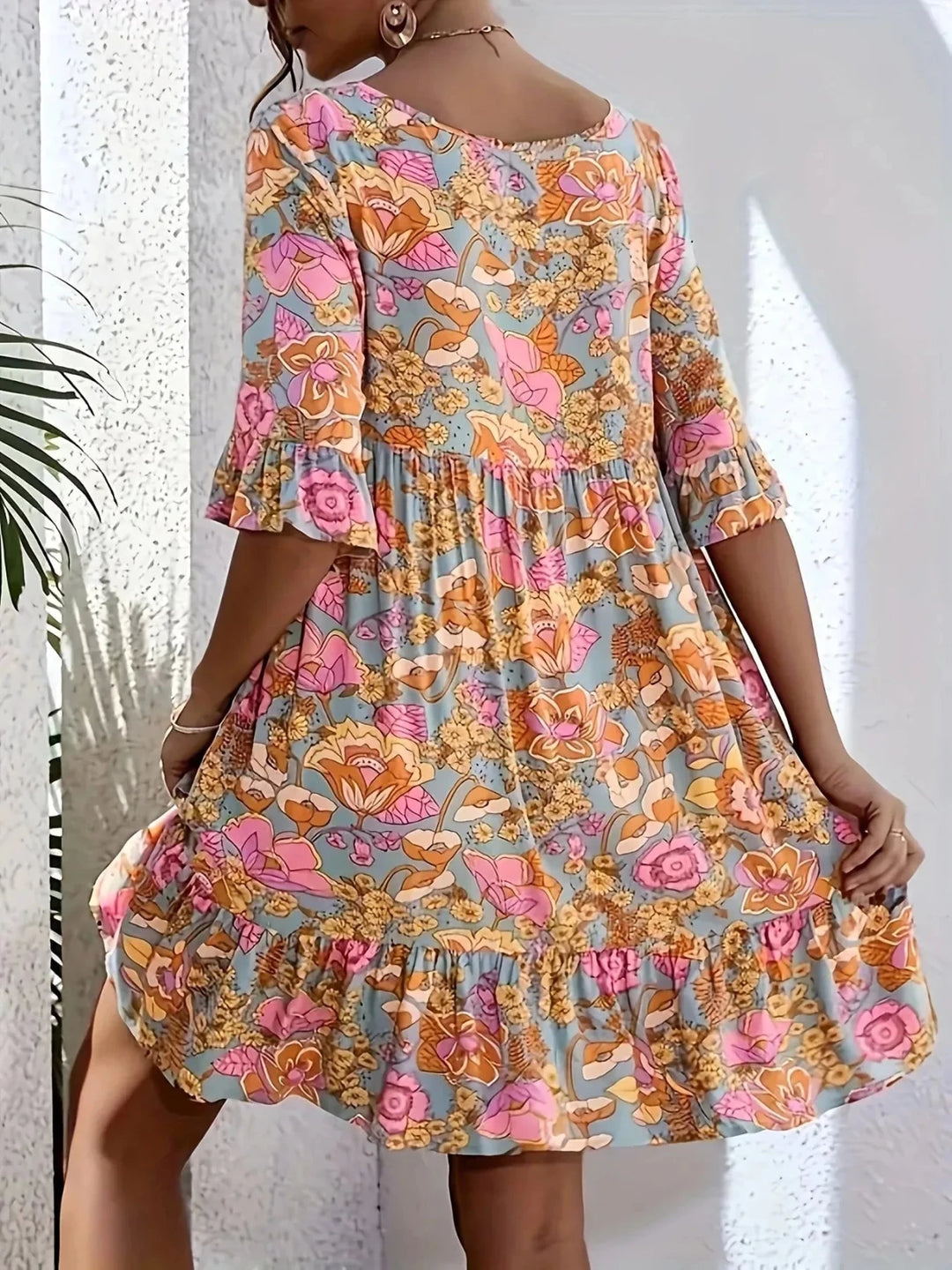 Lily | V - Neck Floral Mini Dress with Flutter Sleeves - Emma's Dresses