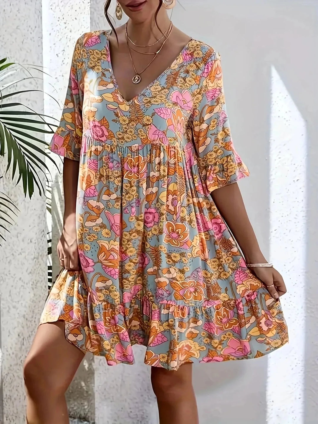Lily | V - Neck Floral Mini Dress with Flutter Sleeves - Emma's Dresses