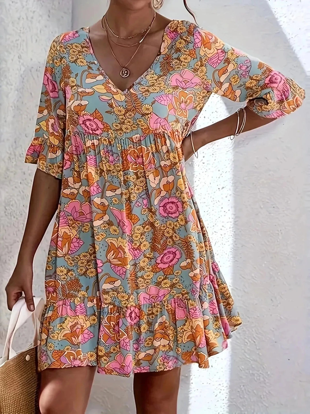 Lily | V - Neck Floral Mini Dress with Flutter Sleeves - Emma's Dresses