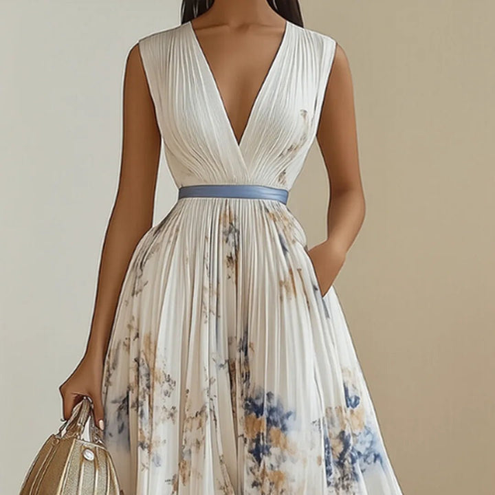 Diana | Elegant V - Neck Pleated Floral Maxi Dress - Emma's Dresses