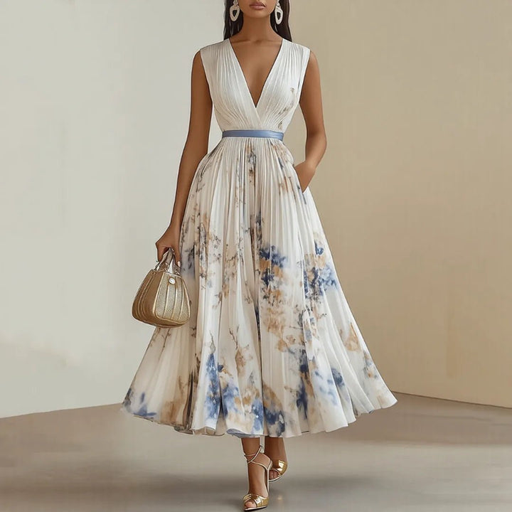 Diana | Elegant V - Neck Pleated Floral Maxi Dress - Emma's Dresses