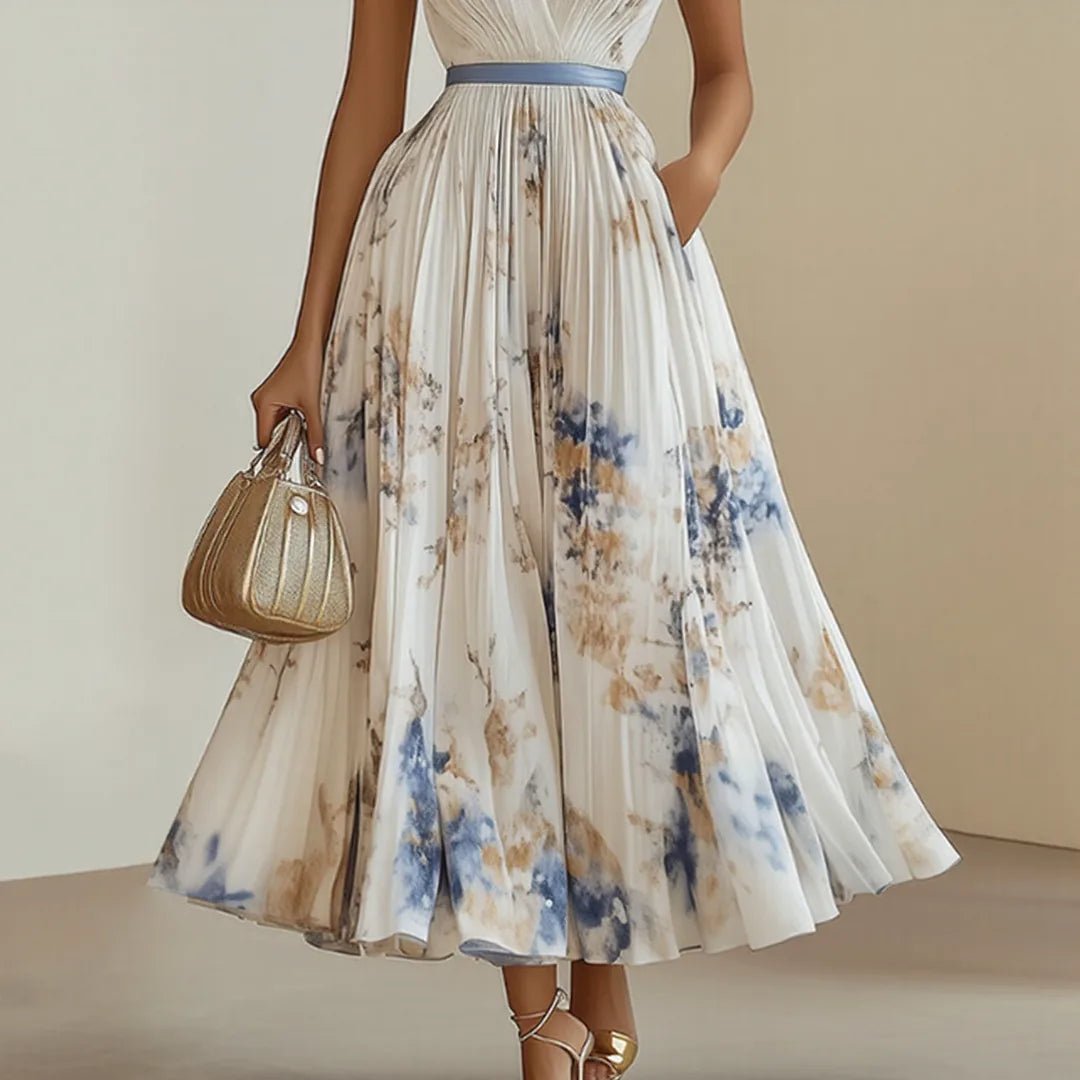 Diana | Elegant V - Neck Pleated Floral Maxi Dress - Emma's Dresses