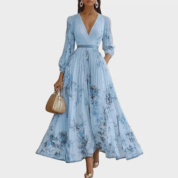 Diana | Elegant V - Neck Pleated Floral Maxi Dress - Emma's Dresses