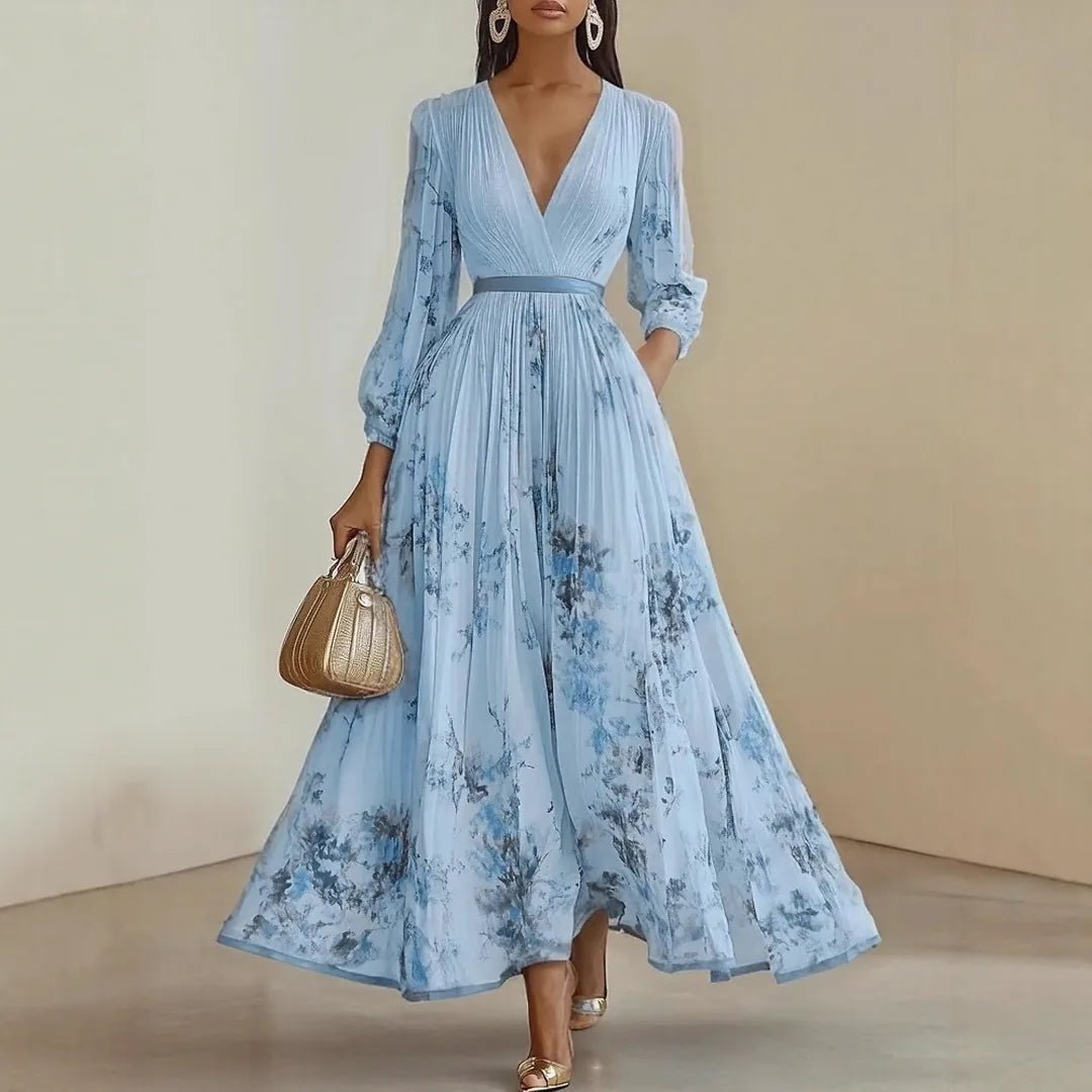 Diana | Elegant V - Neck Pleated Floral Maxi Dress - Emma's Dresses