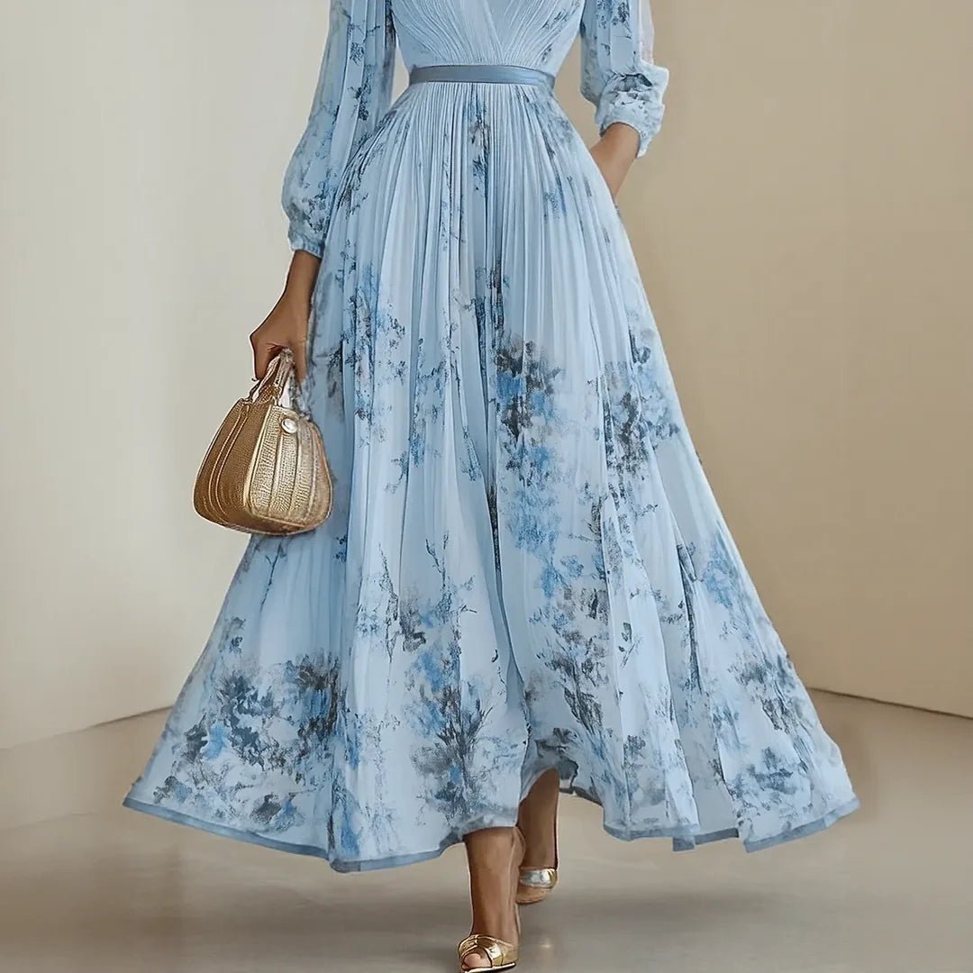 Diana | Elegant V - Neck Pleated Floral Maxi Dress - Emma's Dresses