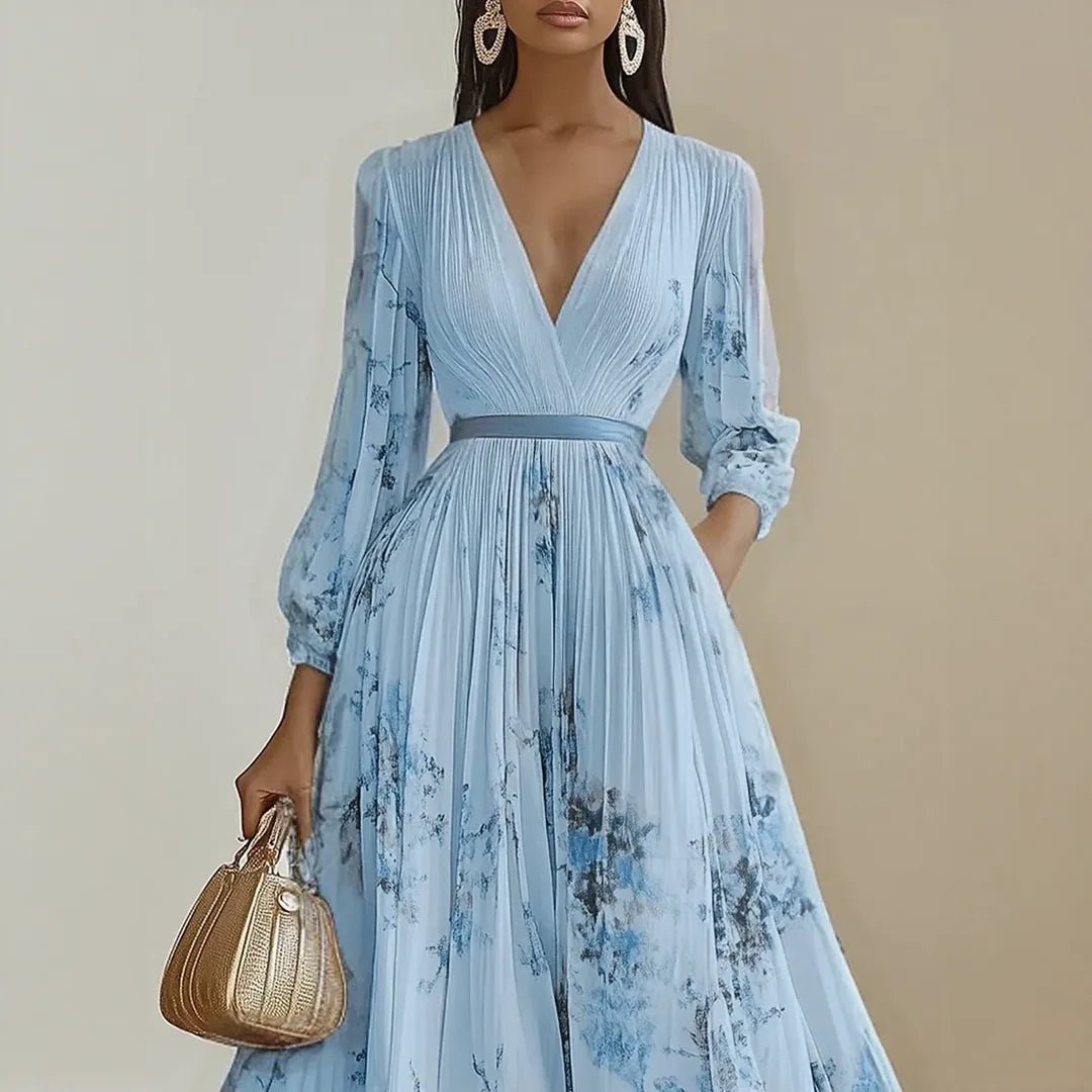 Diana | Elegant V - Neck Pleated Floral Maxi Dress - Emma's Dresses