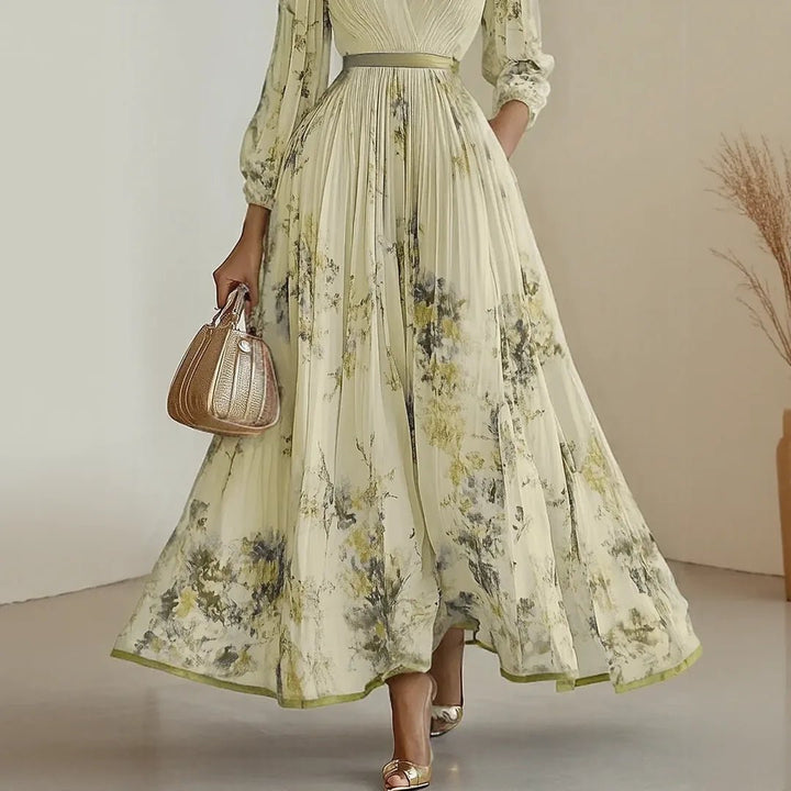 Diana | Elegant V - Neck Pleated Floral Maxi Dress - Emma's Dresses