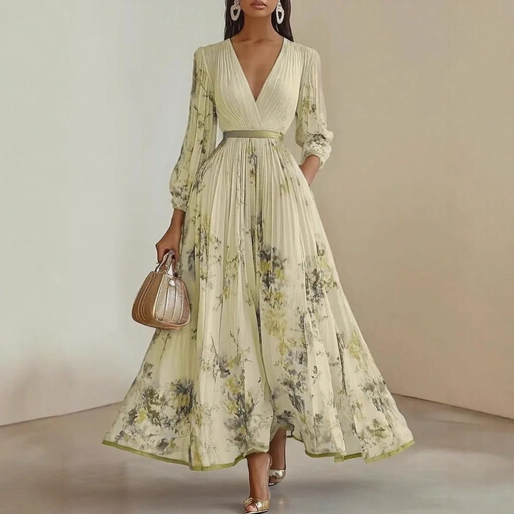 Diana | Elegant V - Neck Pleated Floral Maxi Dress - Emma's Dresses