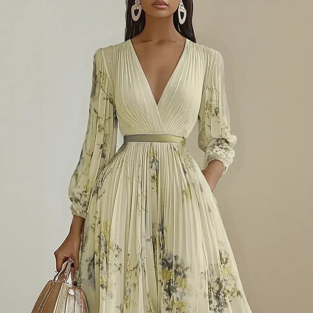 Diana | Elegant V - Neck Pleated Floral Maxi Dress - Emma's Dresses