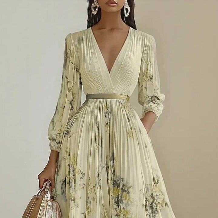 Diana | Elegant V - Neck Pleated Floral Maxi Dress - Emma's Dresses