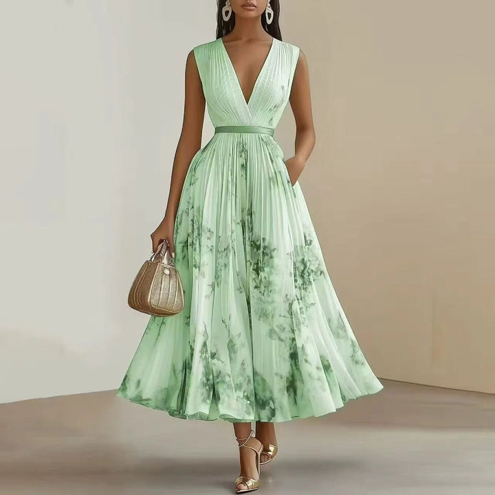 Diana | Elegant V - Neck Pleated Floral Maxi Dress - Emma's Dresses