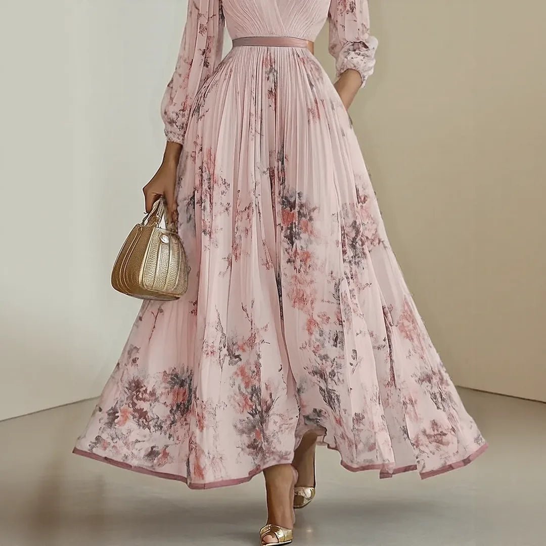 Diana | Elegant V - Neck Pleated Floral Maxi Dress - Emma's Dresses