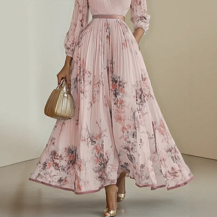Diana | Elegant V - Neck Pleated Floral Maxi Dress - Emma's Dresses