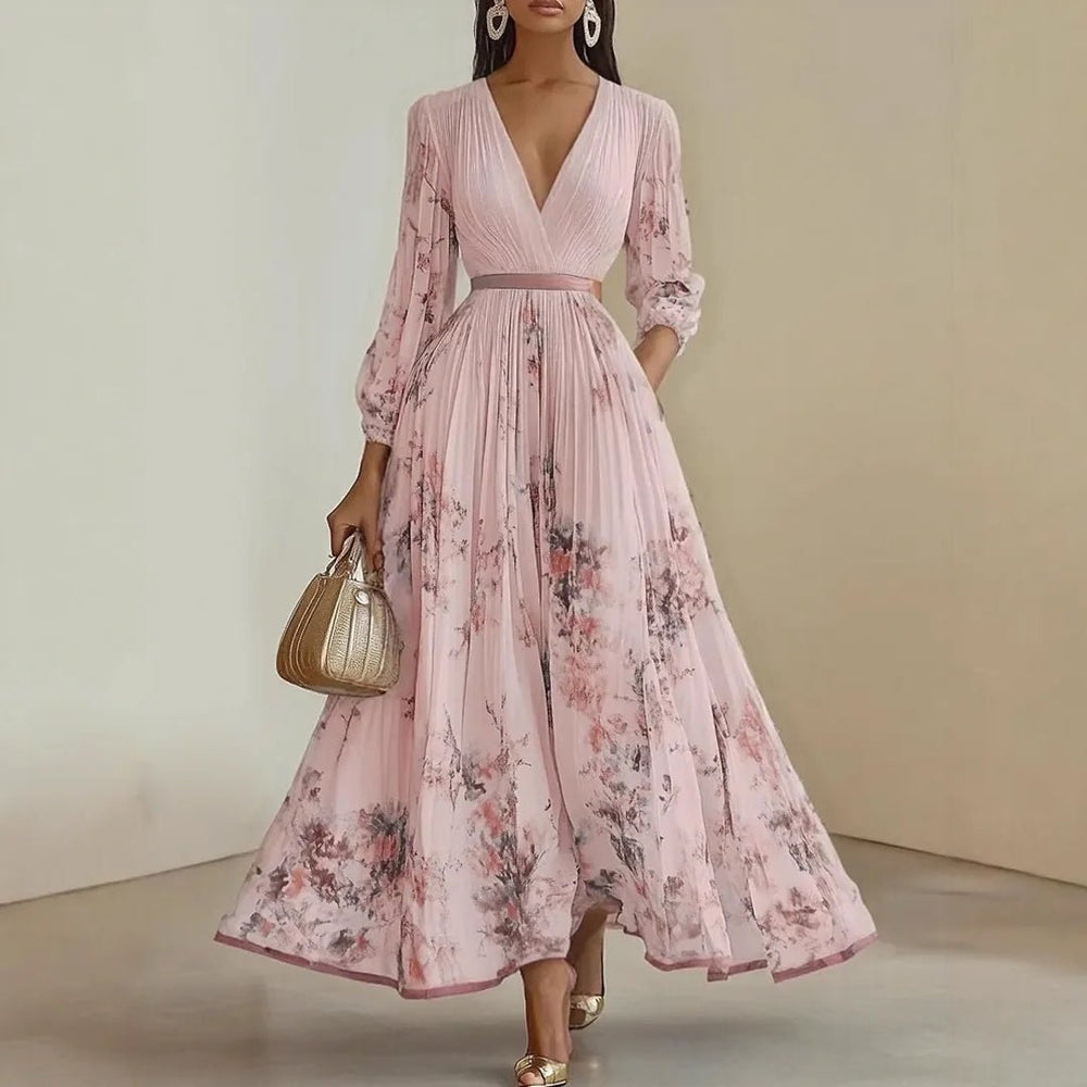 Diana | Elegant V - Neck Pleated Floral Maxi Dress - Emma's Dresses