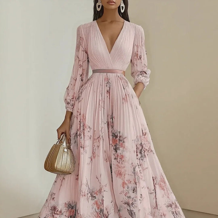 Diana | Elegant V - Neck Pleated Floral Maxi Dress - Emma's Dresses