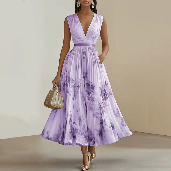 Diana | Elegant V - Neck Pleated Floral Maxi Dress - Emma's Dresses